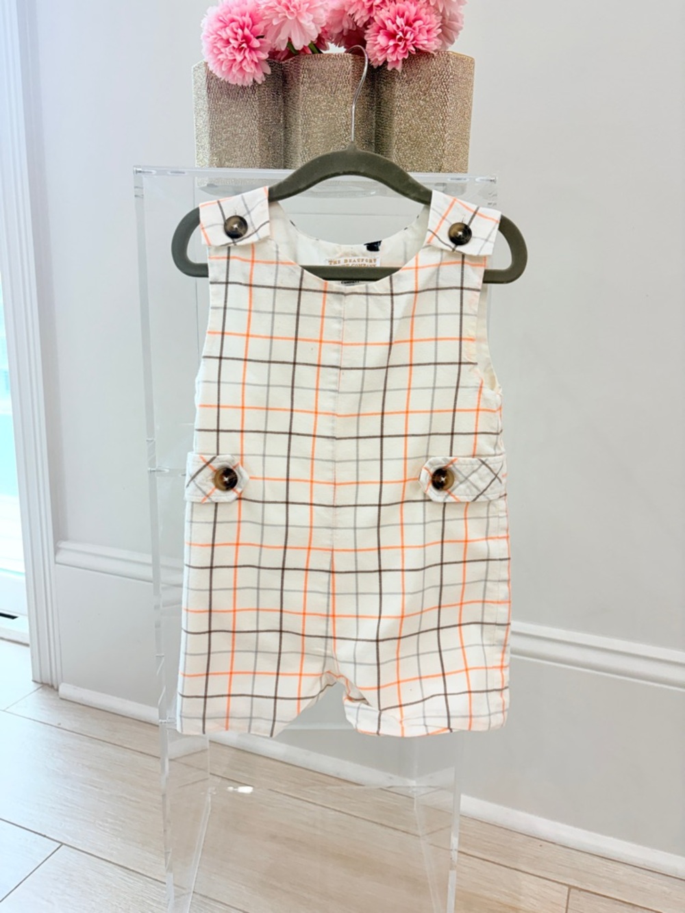 TBBC Shortall • Plaid Romper in White and Orange